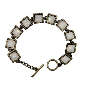 Bronze Tone Opaline Square Glass Faceted Chain Link Bracelet 7.75” Long, K208